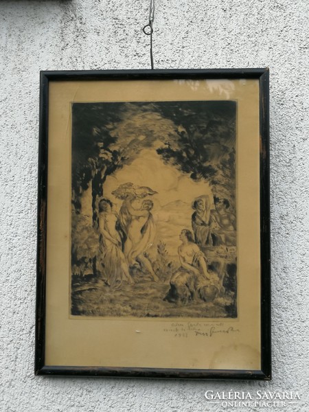 Béla Iványi Grünwald etching, in black frame.