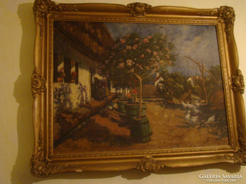 Antique painting oil on canvas village yard