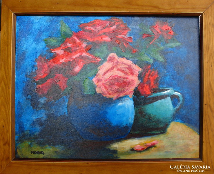 Moona - Rózsák kék vázában EREDETI olajfestmény