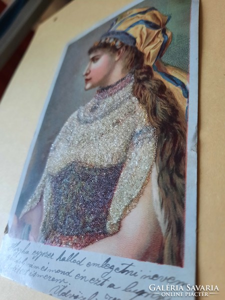 Antik levelezőlap, női portré, csillámporos, 1900