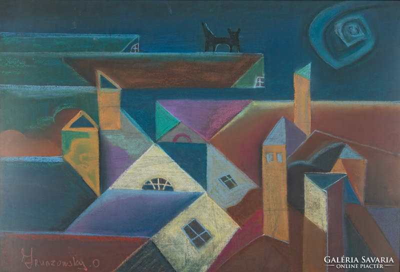 Oleg Grunzovsky (1950-): rooftops with a black cat.
