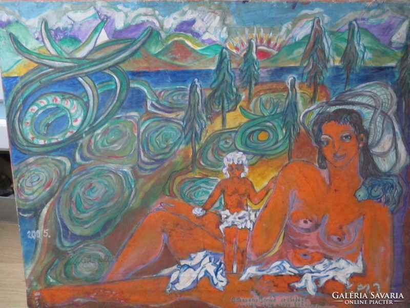 E.M.I. jelzéssel  csodálatos színekkel megfestett expresszionista olaj vászon festmény