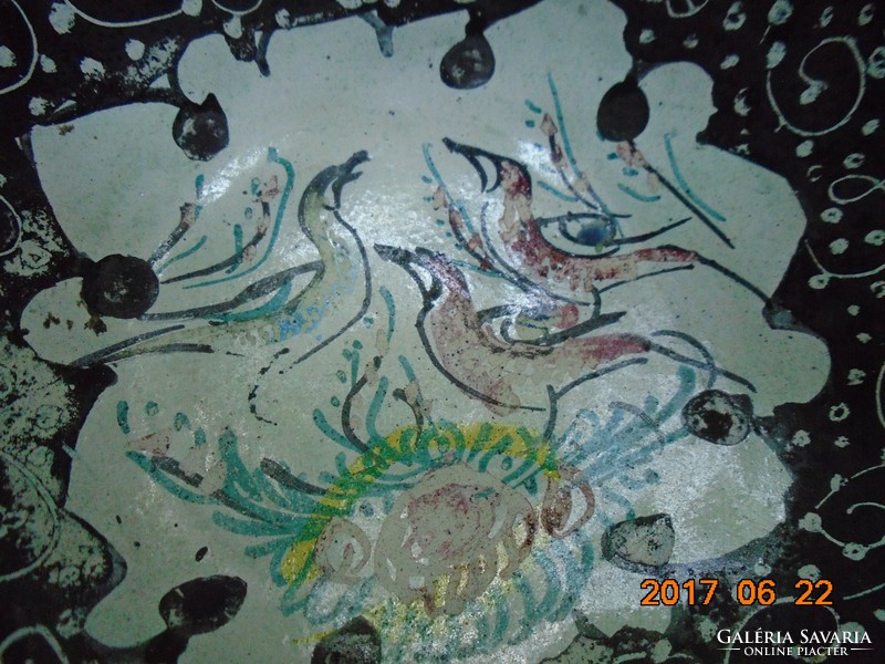 Antik PERZSA SZAFAVIDA kézzel festett madár virág mintákkal csipkés peremű zománcozott tálka