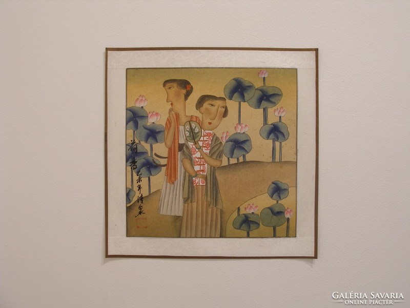 Két lány lótuszvirágokkal, kínai festmény