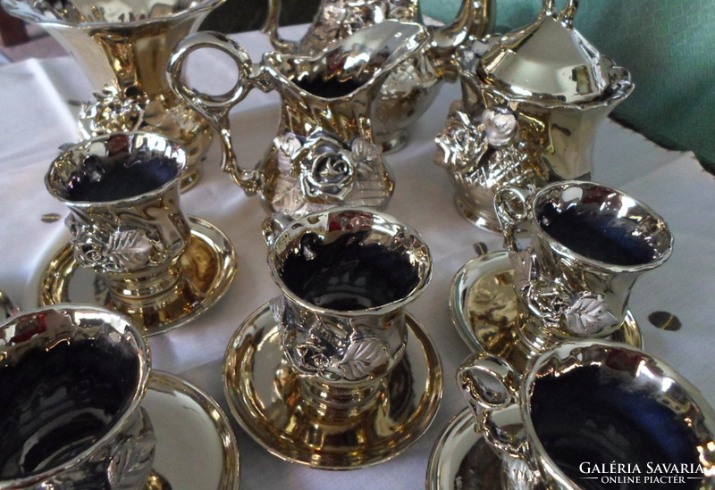Retro Romanian porcelain coffee set: golden cups with placemat, spout, coffee pot, vase
