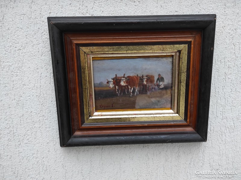 Korpács Lajos festmény tehenekkel szàntàs életkép festmény.