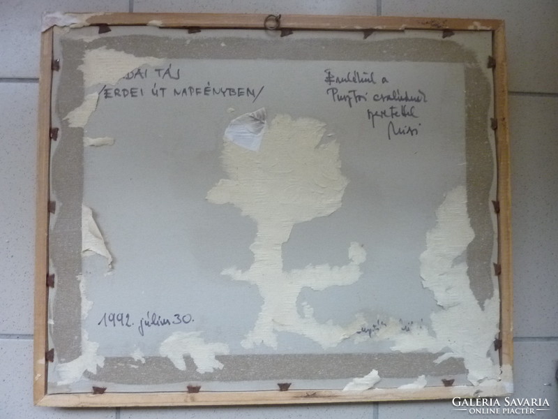 Lupták Mihály: Erdei út napfényben (pasztell kerettel 42x52 cm, 1992) természet, erdő, tájkép, szín