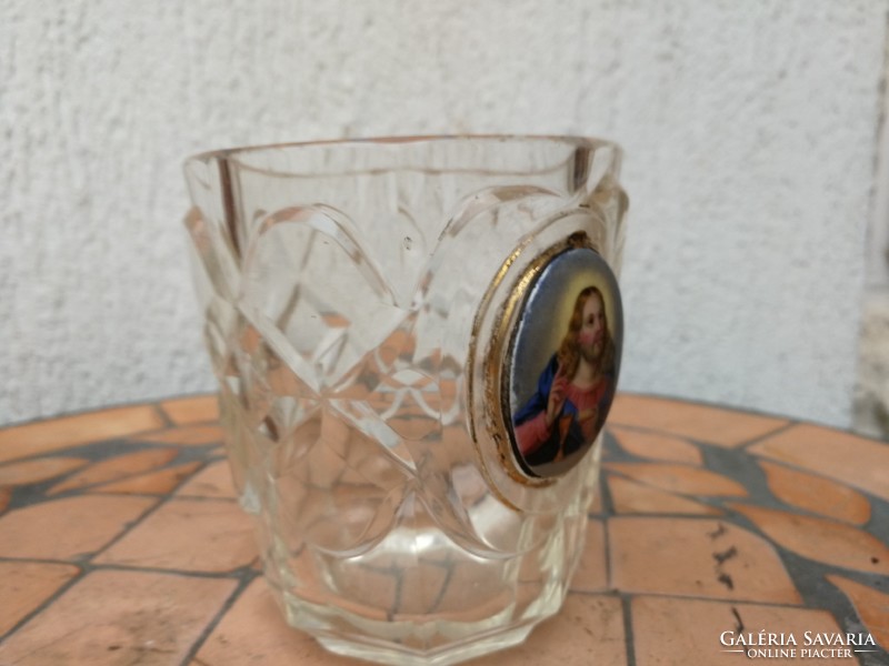 Antik 1800-as biedermeier csiszolt üveg pohár, Jézus Krisztus festmény porcelán kép. Ritkaság