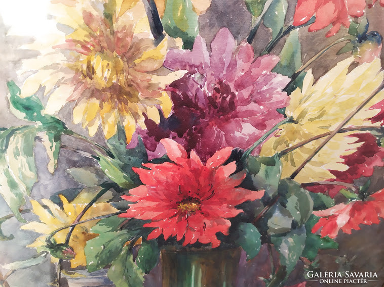 Antik akvarell papír szignált virágcsendélet virág csendélet festmény keretben Nr 80.