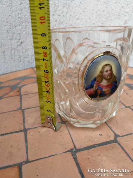 Antique 1800 Biedermeier polished glass cup, Jesus Christ painting porcelain image. Rarity