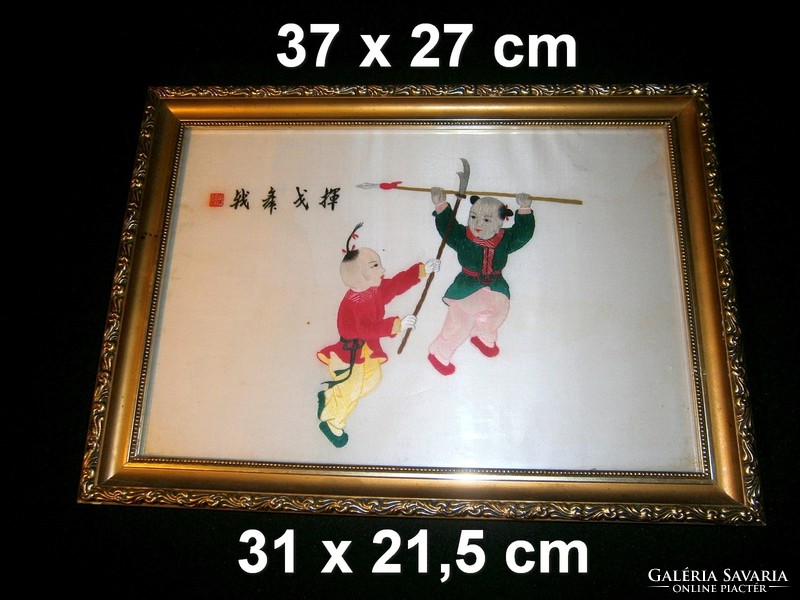 Kínai jelzett selyem kép, selyemre hímzett harcosok