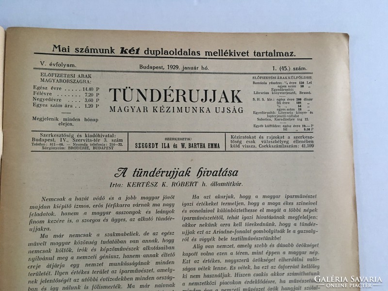 Tündérujjak - magyar kézimunka újság 1929. január, V. évfolyam, 1. (45.) ünnepi száma melléklettel