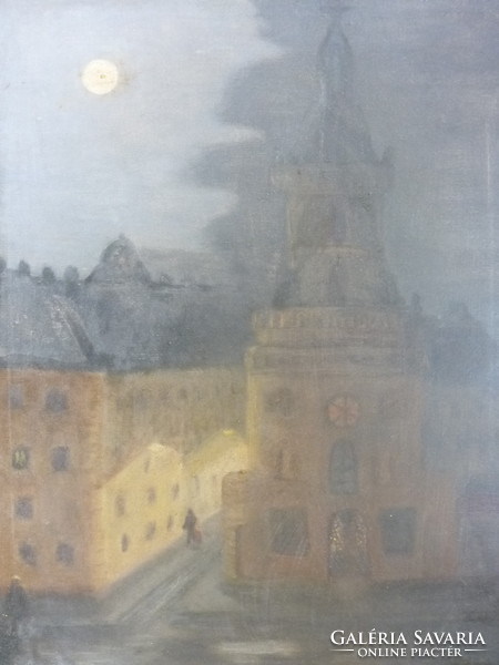 Joanovits I.: Holdvilágos utcakép templommal (olajfestmény kerettel, 58x68 cm) - este, éjszaka, éj