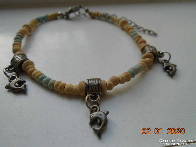 Tiny beige, green, blue ceramic pearl bracelet with 3 silver plated dolphin pendants