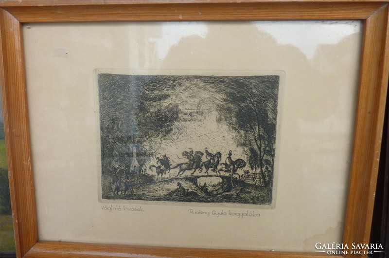 RUDNAY GYULA - Vágtató lovasok, rézkarc, kerettel 28x38 cm, hagyatéki (fekete-fehér, századfordulós)