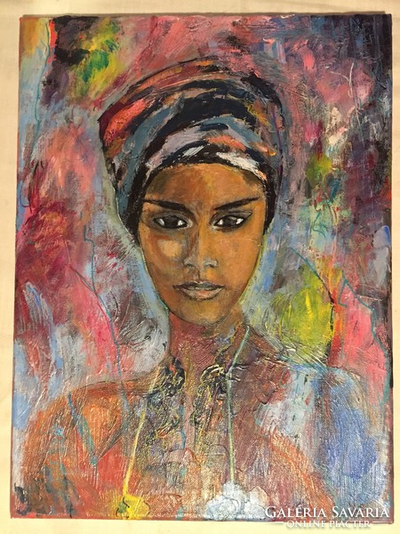 Női portré, Yannick Carrouër - Jeune femme pensive Akril, vászon - Kézzel aláírt festmény