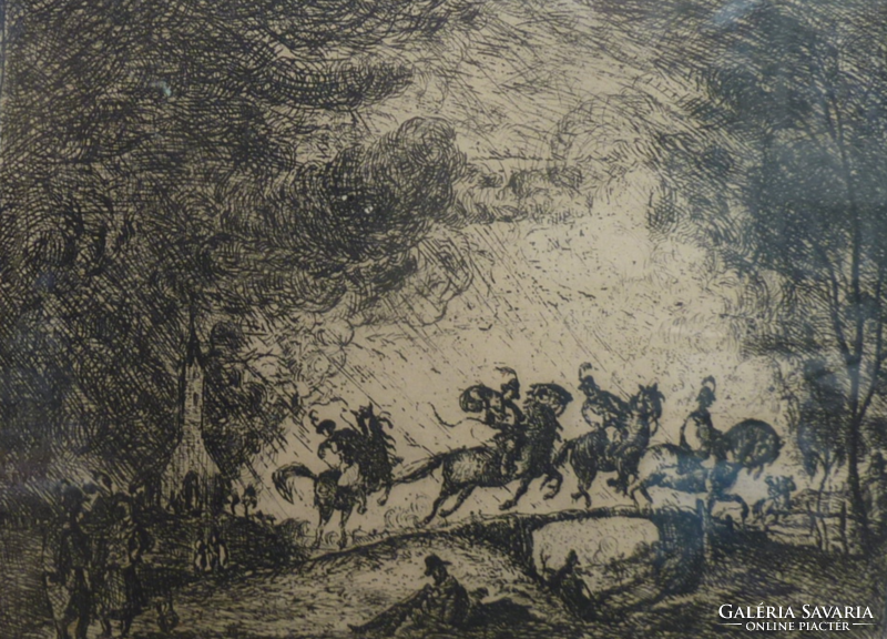 RUDNAY GYULA - Vágtató lovasok, rézkarc, kerettel 28x38 cm, hagyatéki (fekete-fehér, századfordulós)
