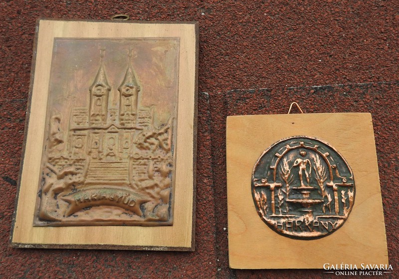 Régi réz vörösréz v. bronz plakett falapon : Harkály és Máriagyűd  kettő egy áráért