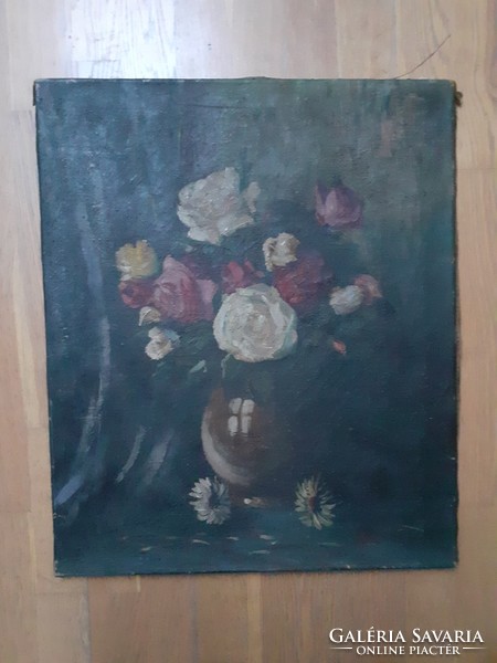 RÓZSACSOKOR MARGARÉTÁKKAL - régi csendélet, olajfestmény vásznon 52x60 cm (virágok, természet, szín)