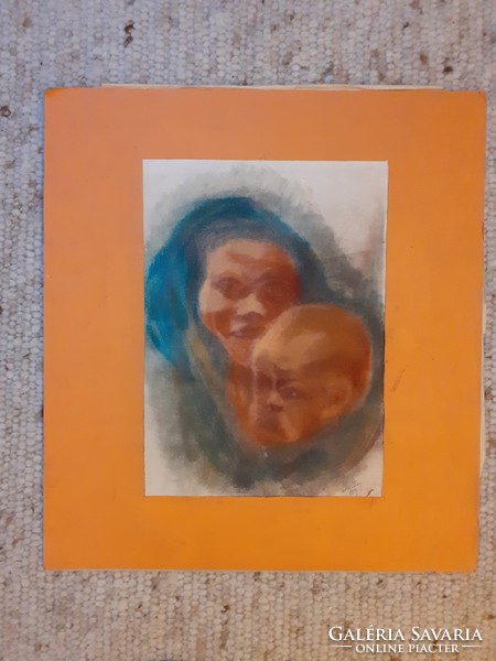HETEY KATALIN: Anya gyermekével, pasztell, 1959 (szülői szeretet, kettős portré, arckép, Szőnyi tan.