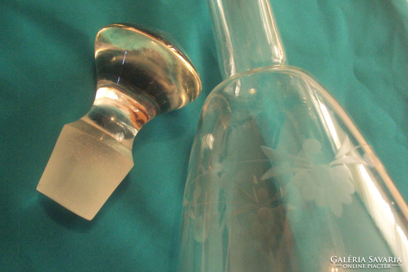 More than 100 years old, (art deco) grape cluster pattern polished decoration, wine bottle with glass stopper.