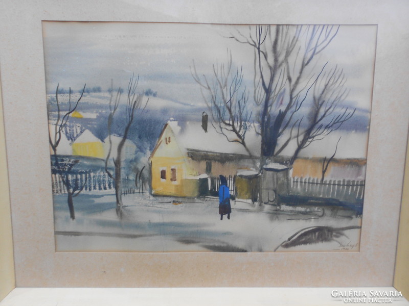 Szalóky Sándor (1921-1978) Falusi utca, Munkácsy-díjas művész alkotása, kerettel. Hibátlan.