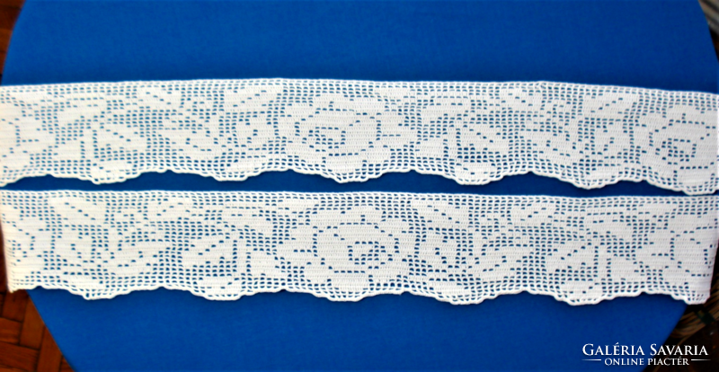 2 old, hand-crocheted rose and leaf pattern shelf strips, cabinet strips