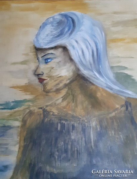 ŐSZ HAJÚ LÁNY PORTRÉJA (olaj-vászon 50x61 cm) modern, kortárs, XX. század vége, női arckép, hölgy