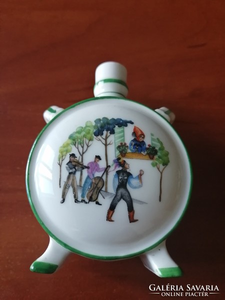 Zsolnay water bottle, painted with a folk scene on both sides