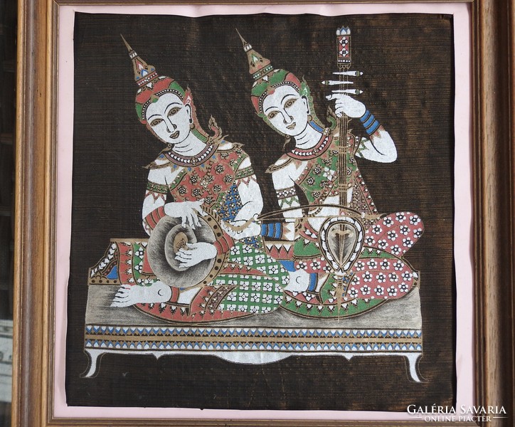 Old painted oriental silk picture: musical gods