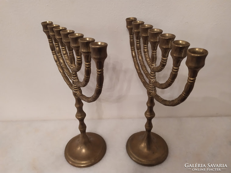 Antik 2 darab réz Judaika zsidó 7 ágú gyertyatartó menora menóra gyertya tartó 3810