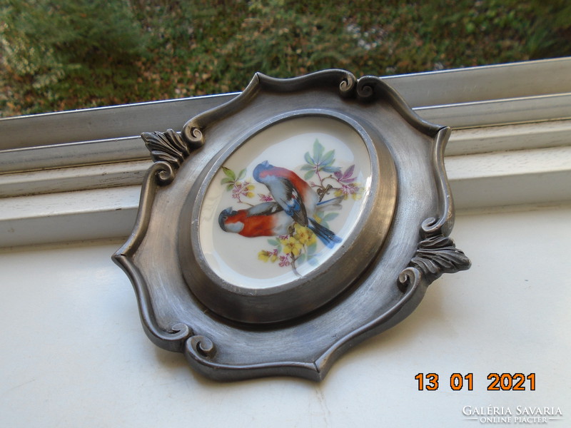 Baroque German Marked Baecher Heavy Tin Frame Oval Schwarzenhammer Porcelain Picture with Colorful Birds