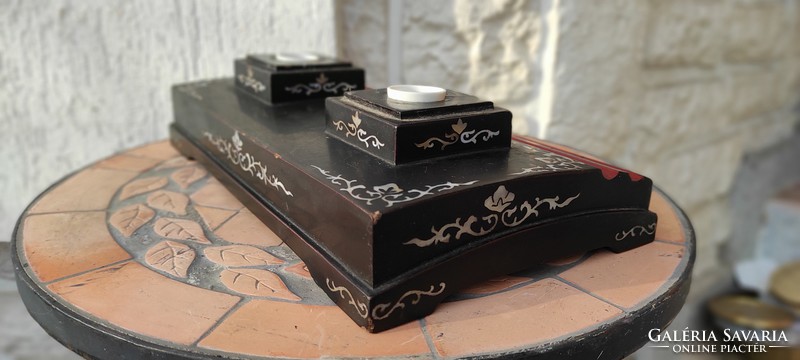 I got it down! Mother of pearl inlaid calamari inkstand, lacquered wood inkstand, pen holder