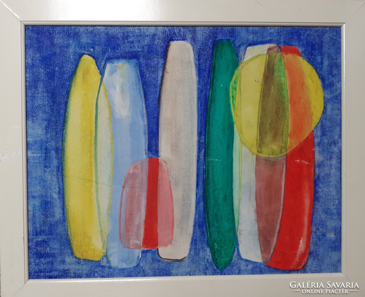 Színes vázák - modern csendélet (olaj-karton 46x56) színes, harmonikus, derűs hangulatú, absztrakt