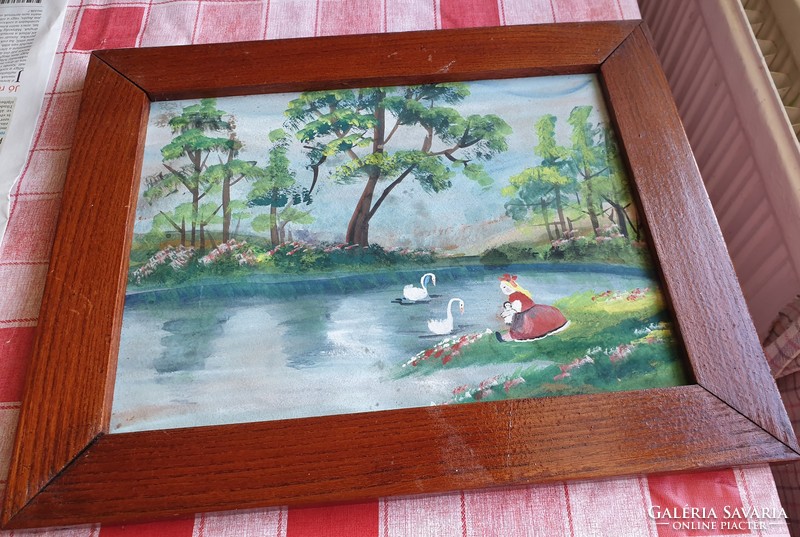 Festmény fa keretben eladó !Hattyúkkal játszó lány