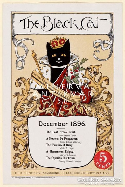 Fekete macska királyi bíbor palást korona jogar december 1896 Vintage magazin reklám plakát reprint