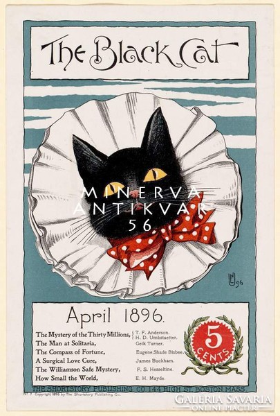 Fekete macska pöttyös csokornyakkendő fehér bohóc gallér 1896 Vintage magazin reklám plakát reprint