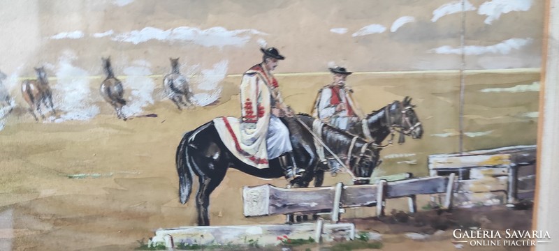 Hortobágyi lovas jelenet.Aqvarell festmény lovas vàgta és lóitatàs .Mozgalmas hangulatos vízfestmény
