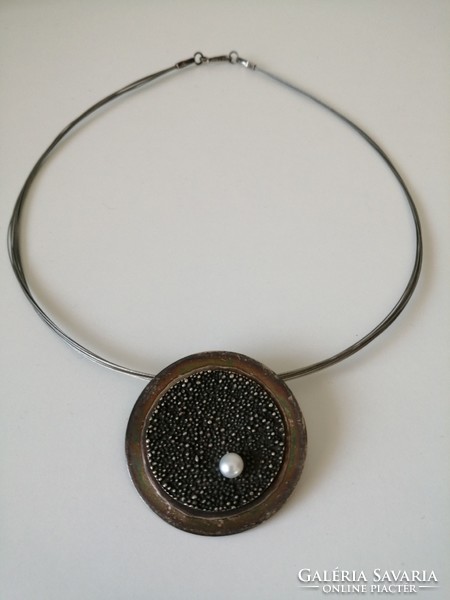 Beaded craft silver necklace with badge