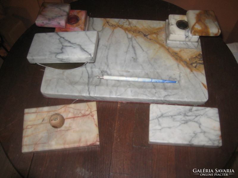 Marble desk set, with inkwell and drink holder