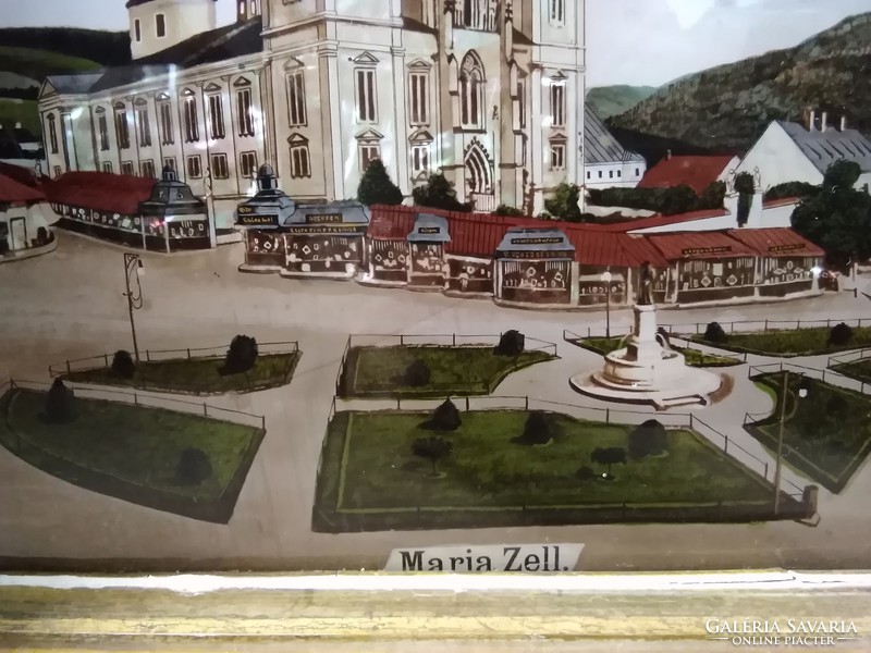 Antik Maria Zell-i gyöngyházberakásos kép üvegezett fakeretben