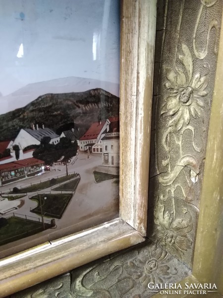 Antik Maria Zell-i gyöngyházberakásos kép üvegezett fakeretben