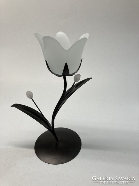 Metal candle holder with glass cup, flower-shaped