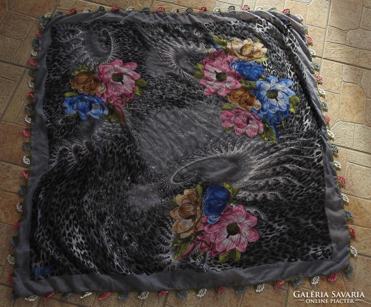Luxurious silk scarf with a water lily pattern with crocheted decorations on the edges