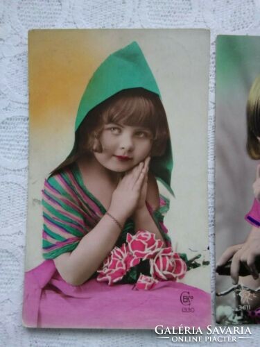 2 db antik francia, kézzel színezett fotó/képeslap, kislány, telefon, virág 1927-1930