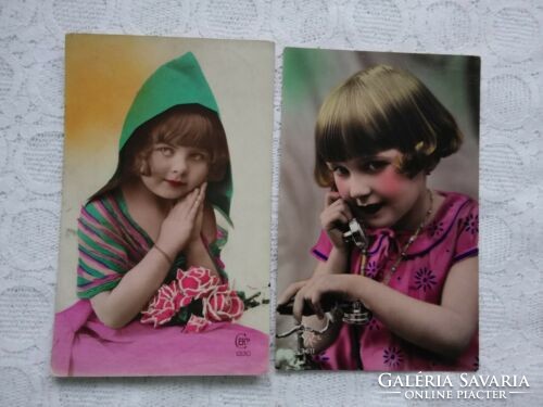 2 pcs antique french, hand-colored photo / postcard, little girl, phone, flower 1927-1930