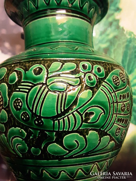 Józsa János famous potter - corundum glazed, green - black ceramic vase with a wonderful bird