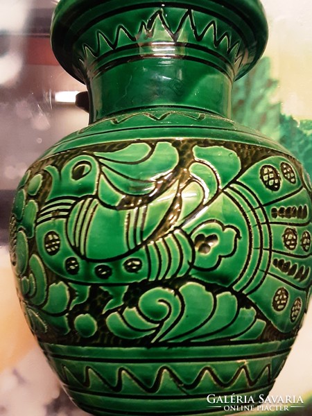 Józsa János famous potter - corundum glazed, green - black ceramic vase with a wonderful bird