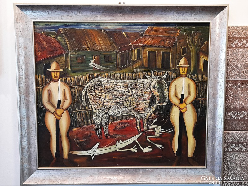 Tomás Yendi Estrada Cancino (Manzanillo, Cuba 1977 - ): the sacred cow, 1999.--- Oil on canvas
