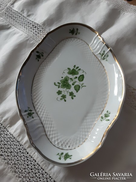 Hollóház hand-painted porcelain serving, erika with green-gold decor, original, marked, flawless